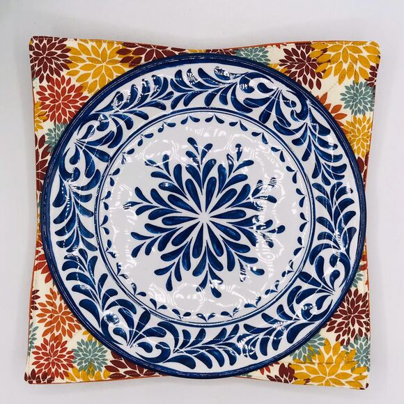 Microwave Dinner Plate Cozy: Reversible, Fall Orange Yellow Floral Colors - Picture 3 of 3